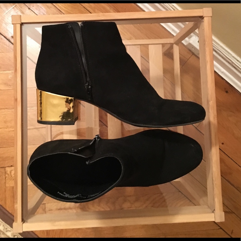 Black faux suede boots with gold block heel